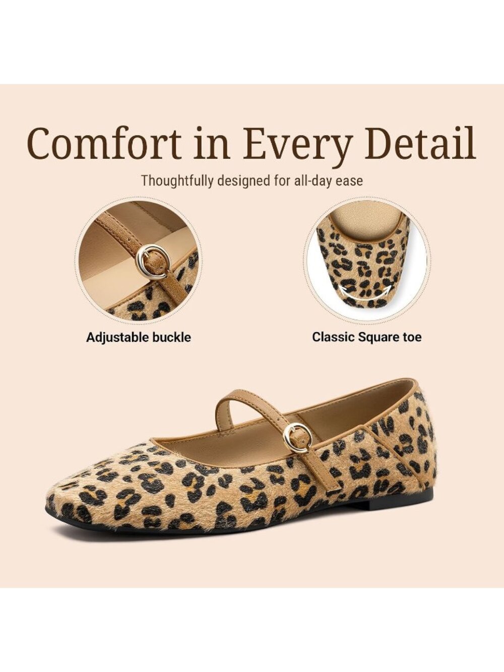 Women's Leopard Mary Jane Non Slip Work Ballet Flats Square Closed Toe Shoes - Picture 6 of 6